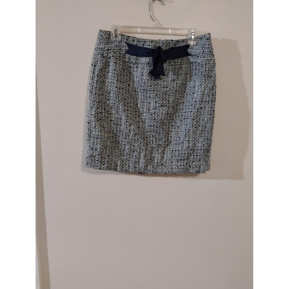 Ann Taylor LOFT Blue White Tweed Pencil Skirt Navy Ribbon Bow Accent Size 8